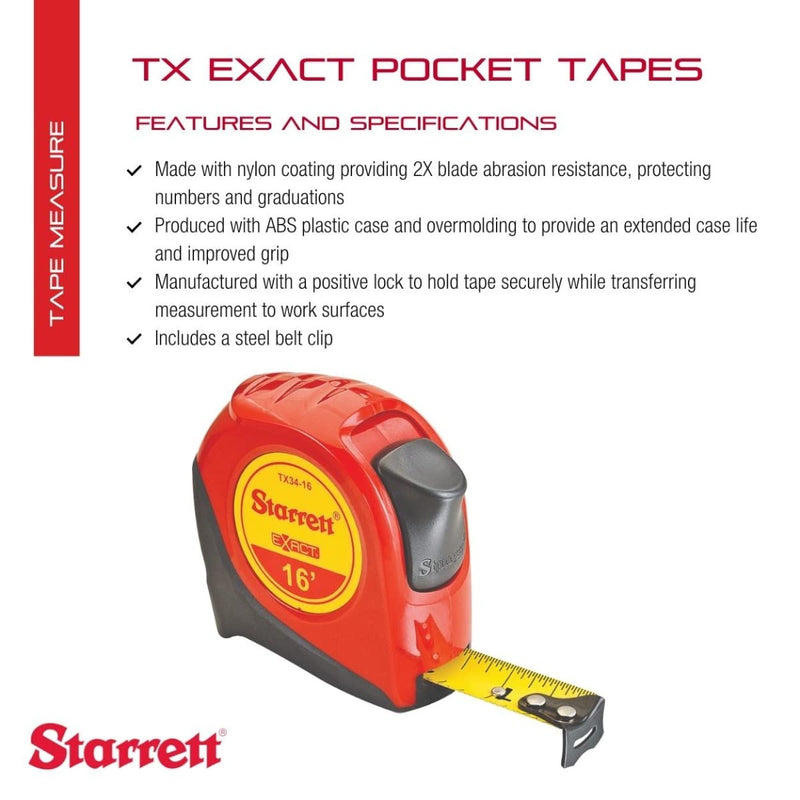 Starrett Exact Retractable Imperial Pocket Tape Measure with Nylon Coating, Self Adjusting End Hook, and Steel Belt Clip - 3/4" Width, 16' Length - KTX34-16-N