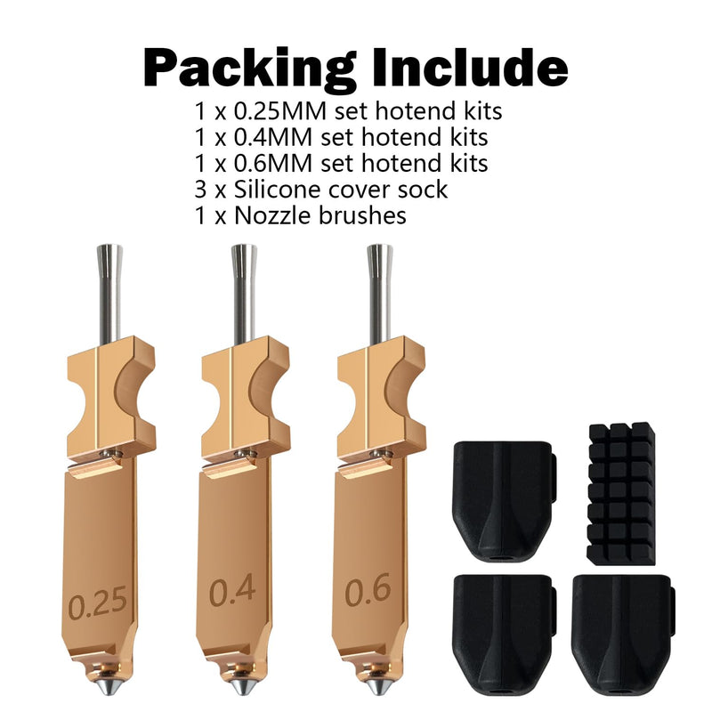 HzdaDeve 3PK Upgraded 0.25MM 0.4MM 0.6MM Hotend Kit for Flashforge AD5X Quick-Detachable Nozzle Extruder Quick Release Nozzle Heater Block Throat Tube with Extra 3PK Silicone Cover 1PK Nozzle Brush