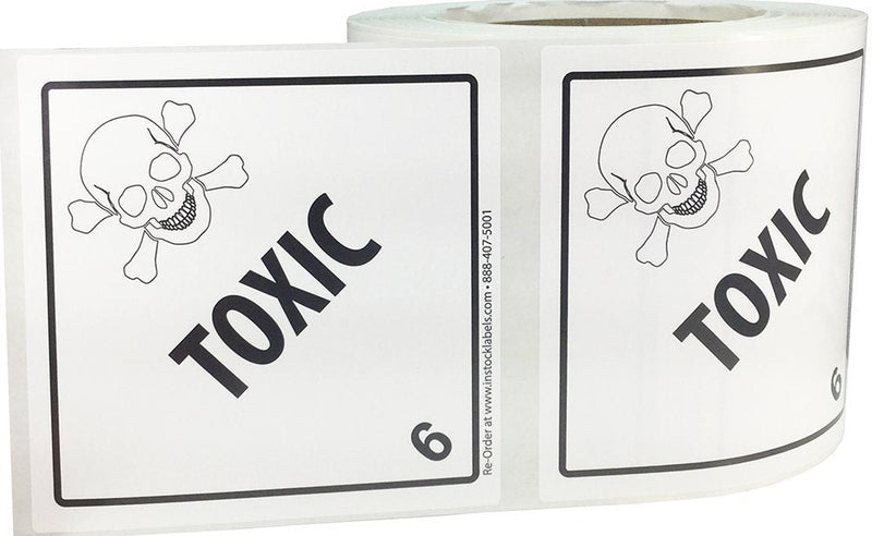 Hazard Class 6 D.O.T. Toxic Labels, 4 x 4 Inch Square Black and White Hazmat Stickers, 500 Total Adhesive Labels on a Roll for Shipping and Compliance – Made in the USA
