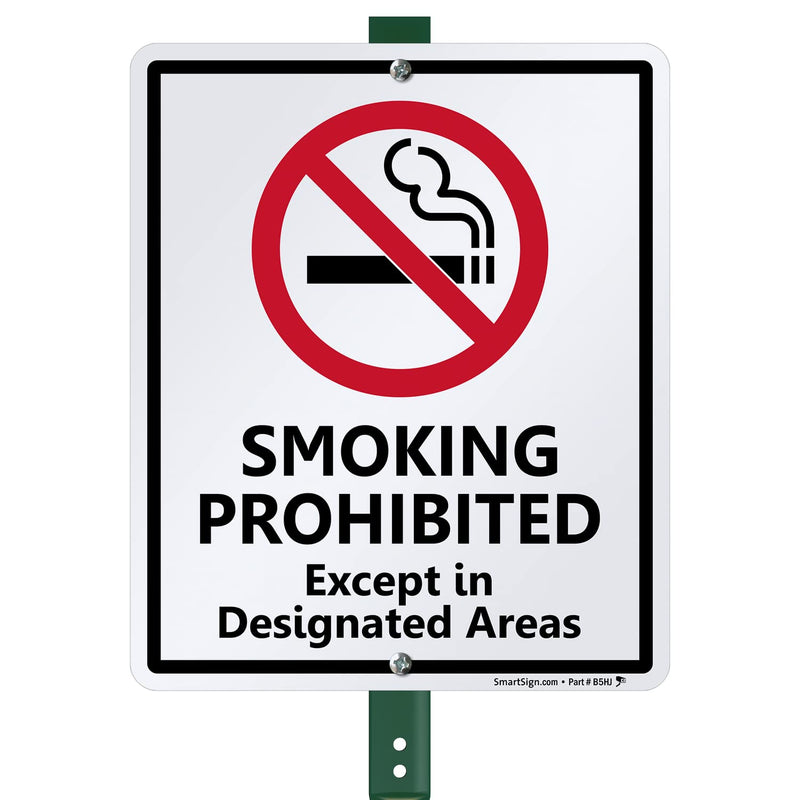 SmartSign 12 x 10 inch “Smoking Prohibited Except In Designated Areas” Yard Sign with 3 foot Stake, 40 mil Laminated Rustproof Aluminum, Red, Black and White, Set of 1