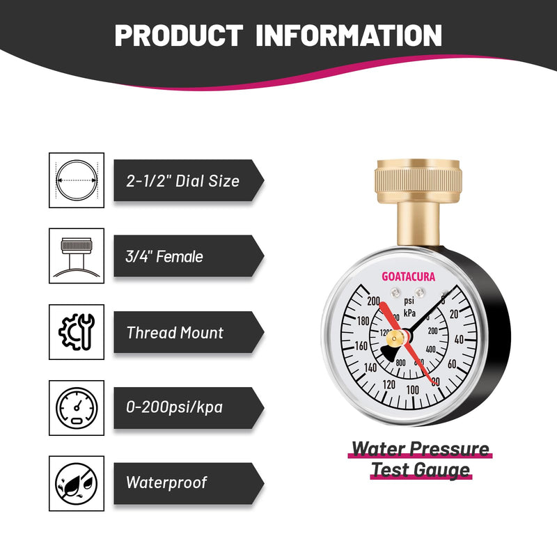 [Australia - AusPower] - 0-200psi/kpa Water Pressure Test Gauge, 2-1/2" Dial Size, 3/4" Female Garden Hose Thread, with Memory Red Pointer, for Measuring Water Pressure Dry with Memory Pointer 