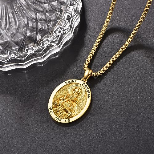 ADMETUS Gold St Brendan Medal Sterling Silver Saint Brendan the Navigator Medal Gold Saint Brendan Necklace Gold St. Brendan Pendant Necklace Religious Gifts for Men