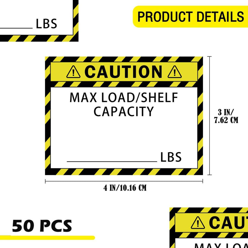 50 Pack Pallet Rack Capacity Labels 3x4-Inch Yellow Caution MAX Load/Shelf LBS Warning Stickers Industrial Strength Sticker for Warehouse Safety