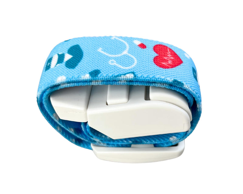 Professional quick and slow release medical nurse tourniquets, variety of patterns. Light blue with medical pattern