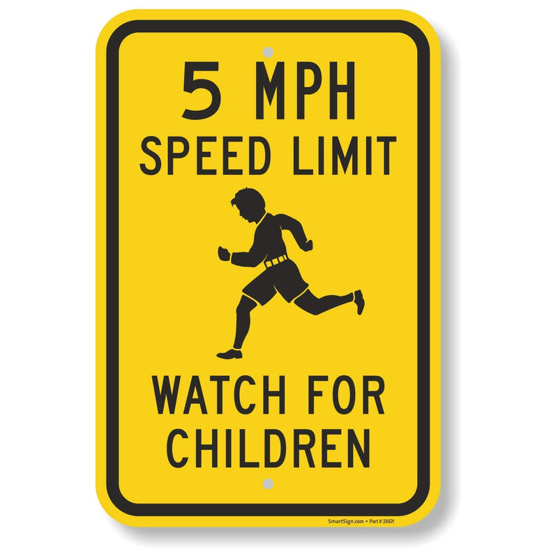 SmartSign 18 x 12 inch “5 MPH Speed Limit - Watch For Children” Metal Sign, 63 mil Laminated Rustproof Aluminum, Black and Yellow 12" x 18"