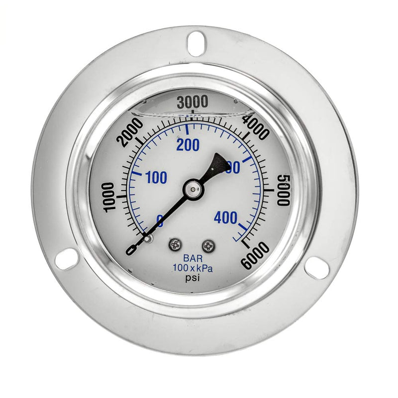 [Australia - AusPower] - PIC Gauges PRO-204L-254S Panel Mount Front Flanged Glycerin Filled Industrial Pressure Gauge w/ SS Case, Brass Internals, Plastic Lens, 2.5" Dial, 0/6000 psi Range, 1/4" Male NPT 0 - 6,000 PSI 