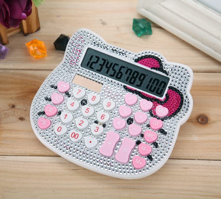 [Australia - AusPower] - Hello Kitty Calculator, Xinyu Lighting Creative and Cute Solar Calculator, 12-Digit LCD Display, Suitable for Adults and Children, Solar and Battery Powered (White Jewel Model) White Jewel Model 