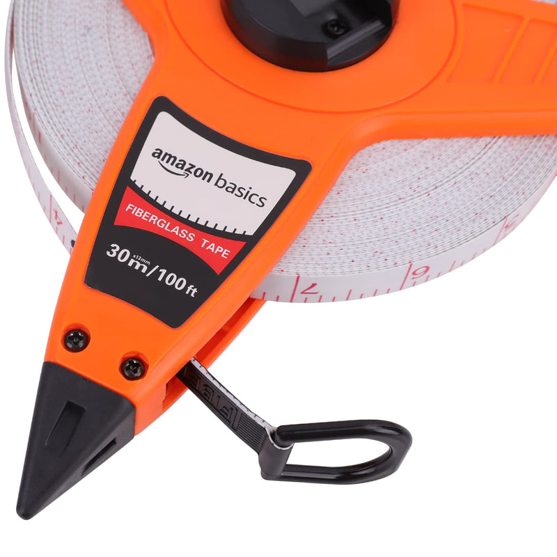 Amazon Basics Open Reel Fibreglass Tape Measure, 100 feet (30 m) by Scale, Impact-Resistant Housing