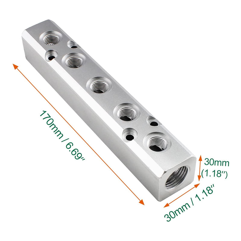 [Australia - AusPower] - 5 Way Pneumatic Manifold Air Distribution Block, G1/2 Supply Port, G1/4-Inch Output Port,Pneumatic Air Compressor Manifold Fitting，Aluminum Alloy，Medium Flow （30x30mm） 5 Way 7 Port 30x30mm 