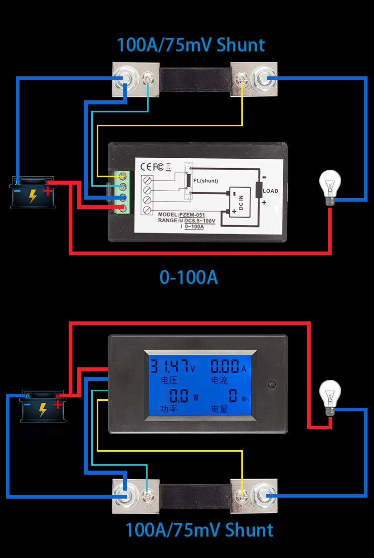 [Australia - AusPower] - Taidacent 6.5-100V 0-20A 0-100A DC Voltage Current Power Energy Consumption Multimeter Ammeter Voltmeter Multi Function Tester LCD Digital Full Display DIY Modification (0-100A with Shunt) 0-100A with Shunt 