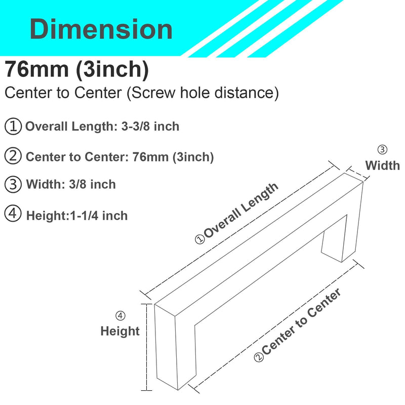 Modket Euro Square Cabinet Handle Pull 304 Stainless Steel — 3-3/8" Overall Length, 3" (76mm) Hole Centers, Brushed Satin Brass Gold— 10-Packs 3-3/8" Length (3" [76mm] Hole Center)