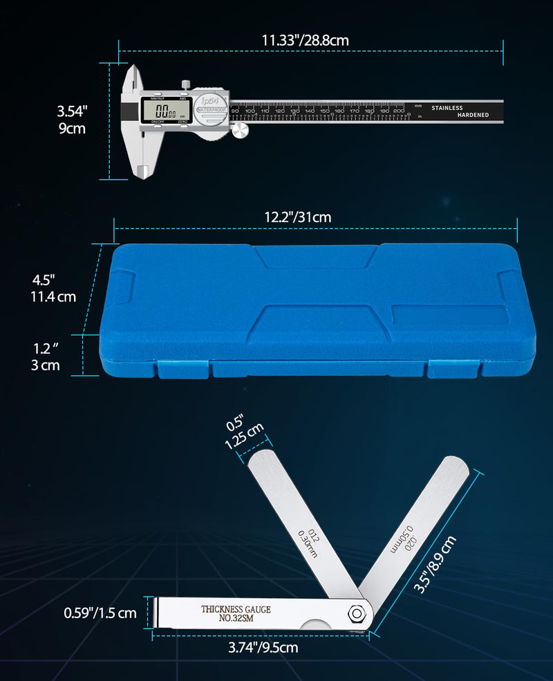 [Australia - AusPower] - Digital Caliper, (ABS) Absolute Scale Caliper 8in, IP54 Electronic Measuring Tool, Inch/MM/Fraction, Auto-Off LCD Stainless Steel Waterproof Micrometer Vernier Caliper, with Feeler Gauges ABS-8inch/200mm 