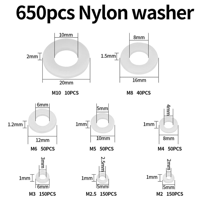 [Australia - AusPower] - YOUYIDUN-650 Pcs White Nylon Flat Washer Assortment Kit, Round Flat Nylon Washers for Household Commercial Appliances Electrical Connections, 5-20 mm, M2/M2.5/M3/M4/M5/M6/M8/M10 