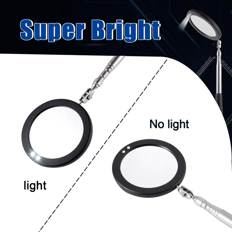 [Australia - AusPower] - Rechabite Telescoping Inspection Mirror LED Light with Large 3.75 Inches Round Mirror, 39.4 Inches Extendable, Flexible 360 Swivel, for Inspection Viewing, Mechanic Checking, Observation 3.75" Round 