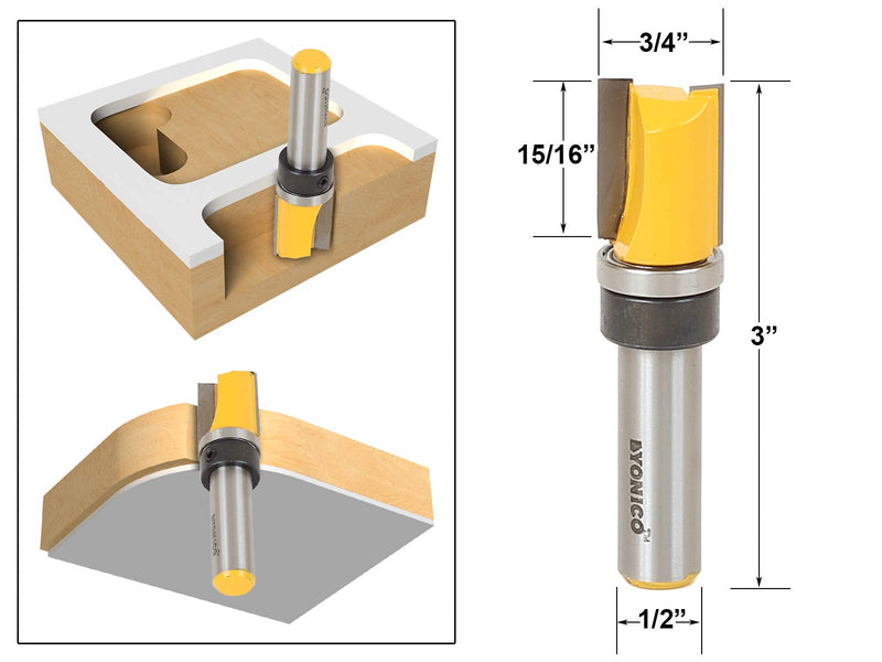 YONICO Router Bits Pattern Bit Flush Trim Set 4 Bit 3/4-Inch Diameter 1/2-Inch Shank 14426 4 Bit Set - 3/4" Width - 1/2" Shank
