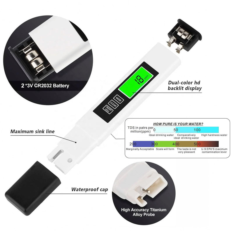 [Australia - AusPower] - 4 in 1 Tds Meter Digital Water Tester, Accurate and Reliable TDS EC & Temp(°C,°F) Meter, 0-9990ppm Water Quality Tester for Drinking Water RO/DI System, Aquariums etc 