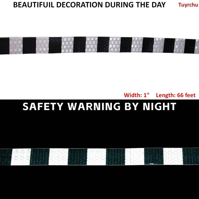 Black White Reflective Tape Outdoor Waterproof 1 inch X 66 feet, High Visibility Hazard Conspicuity Safety Industrial Marking Tape