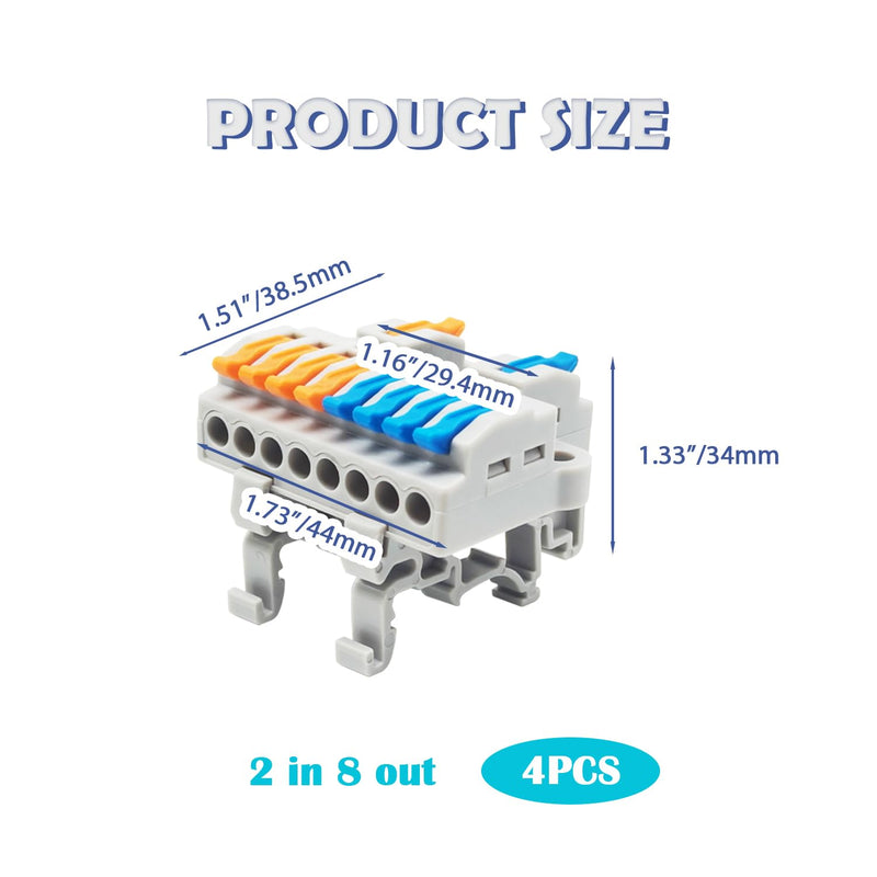 [Australia - AusPower] - 4PCS DIN Rail Terminal Blocks with 8PCS Removable Rail Clip Quick Wiring Cable Connectors Push-in Conductor Terminal Block (2 in 8 out) 2 IN 8 OUT 
