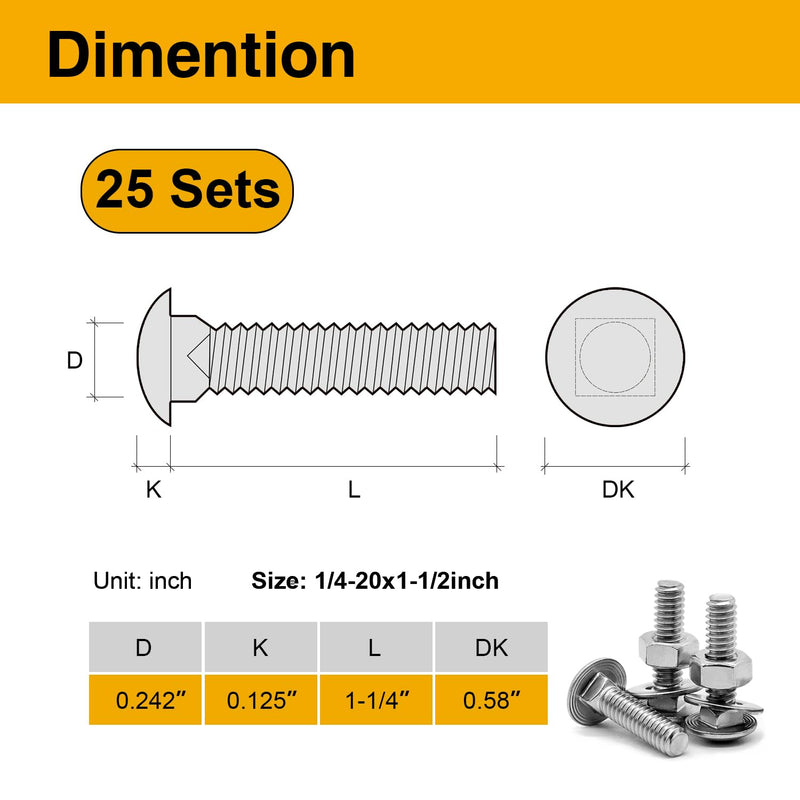 [Australia - AusPower] - 25Pcs Carriage Bolts 1/4-20x1-1/2 Inch, 304 Stainless Steel Full Thread with Round Head Square Neck, Hex Nuts & Washers for Woodworking, Furniture, and Outdoor Projects 25Pcs 1/4-20x1-1/2 