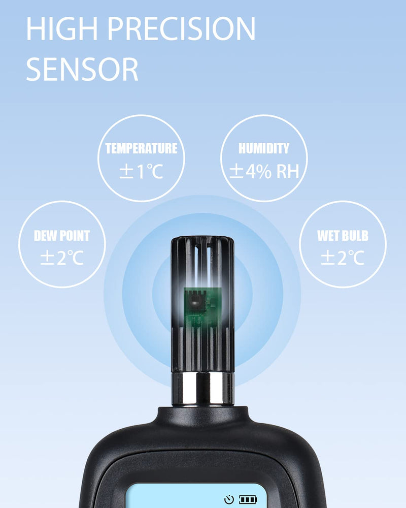 [Australia - AusPower] - Wintact Digital Temperature and Humidity Meter, Thermometer Hygrometer Monitor with Dew Point and Wet Bulb Temperature, Backlight, Max/Min Value, Data Hold, Store 1000 Group of Data for Indoor Outdoor 