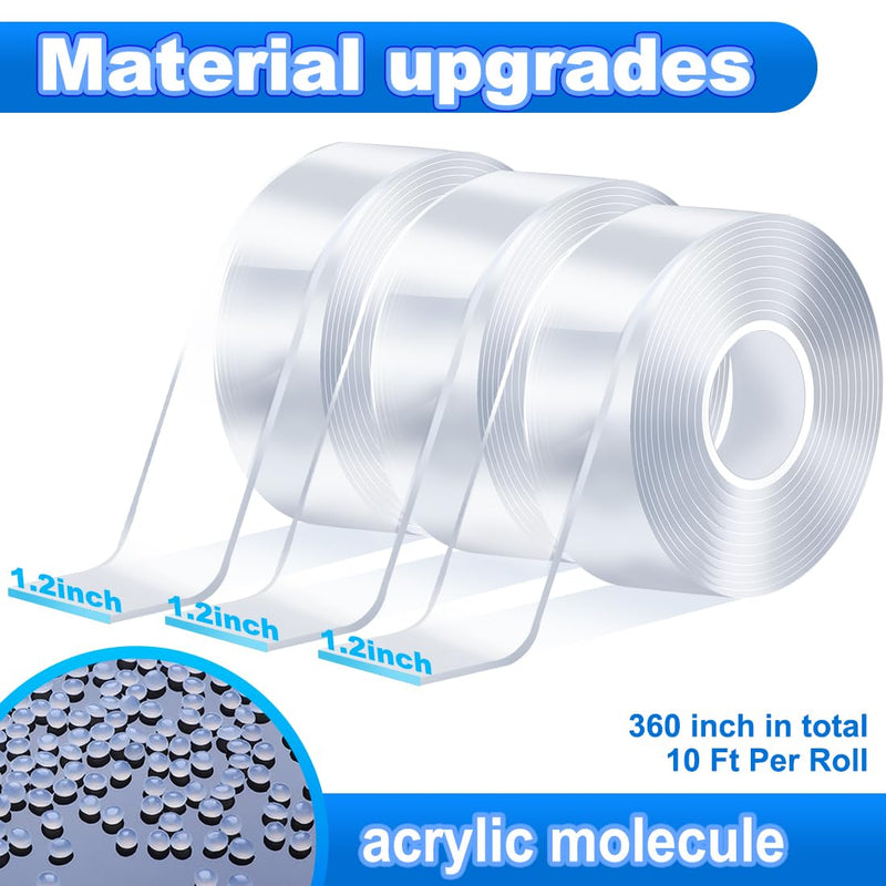 Clear Heavy Duty Double Sided Tape for Walls(Total 30FT),3 Rolls Strong Mounting Tape,Removable Two Sided Nano Tape for Picture Hanging Multifunctional DIY Adhesive Tape (1.2inch) 1.2inch