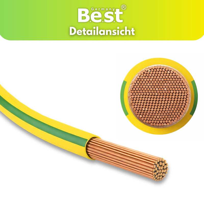 Grounding Cable 10 m 6 mm² Green/Yellow Flexible - PVC Core Cable H07V-K for PV Systems, Wiring Cable, Installation Cable, Fine Wire Copper Wire, Protective Conductor NYAF, Durable & Heat Resistant | Flexible H07V-K Kupferlitze 6mm² für Potentialausgle...