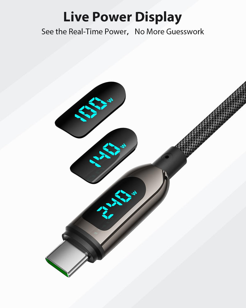 SOOPII 240W USB C to USB C Cable, [10ft,2Pack] Nylon Braided Fast Charging Cable with LED Display for lPhone 17/17 Pro/16 Plus/15 Pro Max,lPad Air,MacBook Pro,Galaxy S25/S24, Pixel, LG (Black) Black 3M 2Pack - 240W