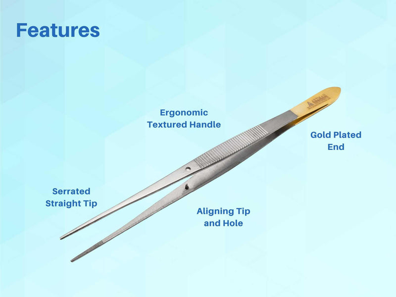 [Australia - AusPower] - Straight Tweezers for Lab Surgical High Precision Stainless Steel 6” Thumb Dressing Serrated Forceps with Gold Plated Handle Mutipurpose Tweezer by Artman Instruments 