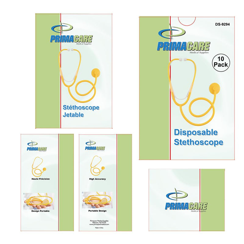 [Australia - AusPower] - PrimaCare DS-9294 Disposable Stethoscope with Sound Sensitive Chestpiece and 22" PVC Tubing, Yellow, Pack of 10 
