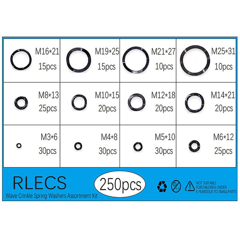 [Australia - AusPower] - 250PCS 65 MN Steel Triple Wave Washer Set Carbon Steel Compression Wave Wrinkle Spring Washer Kit Wave Spring Washer M3 to M25 Kit for Shock Absorber and Transmission and Circuit Connection 