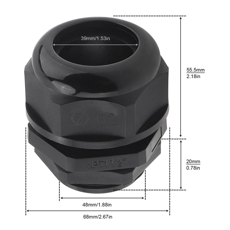 [Australia - AusPower] - RTNLIT 1-1/2" NPT Cable Gland, Waterproof Adjustable Nylon Plastic Strain Relief Cord Connectors With Gaskets(Pack of 1) 1-1/2'' (1-Pack) 