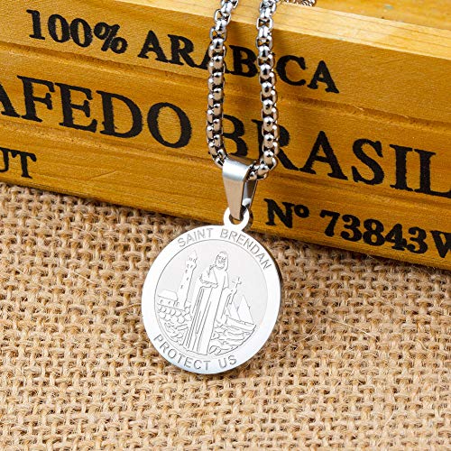 Wolentty Saint Brendan Necklace - 1" Stainless Steel Catholic St. Brendan Medal Pendant with 22" Chain Silver