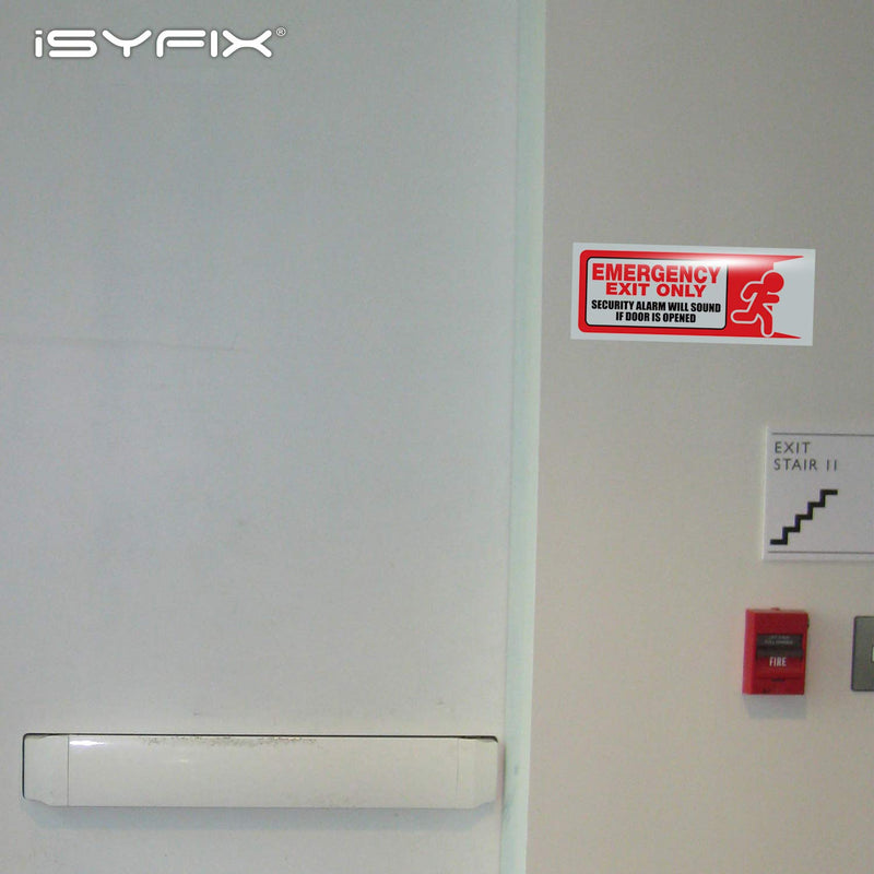 [Australia - AusPower] - iSYFIX Emergency Exit Only Stickers – 3 Pack 10x4 Inch – Premium Self-Adhesive Vinyl, Laminated UV, Weather, Scratch, Water & Fade Resistance, Security Alarm Will Sound if Door is Opened Sign Medium Red & White 