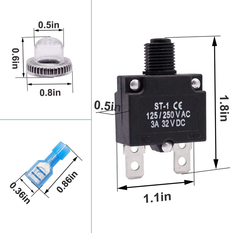 [Australia - AusPower] - mxuteuk 5Pcs 3Amp Circuit Breakers Push Button Manual Reset 125/250V AC 32V DC,Overload Protector Switch Thermal Circuit Breakers with Quick Connect Terminals and Waterproof Button Caps ST1-5-3A 3A 