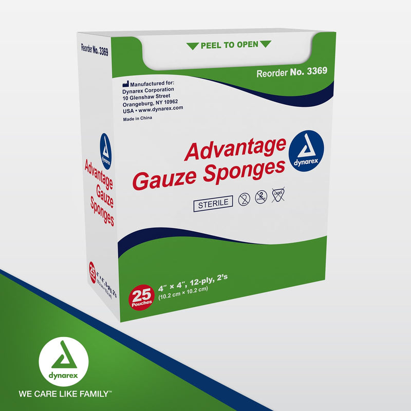 [Australia - AusPower] - Dynarex Advantage Woven Gauze Sponges 4" x 4" - Sterile 12-Ply Absorbent Cotton Gauze Pads for Wound Dressing - 25-Count Box 