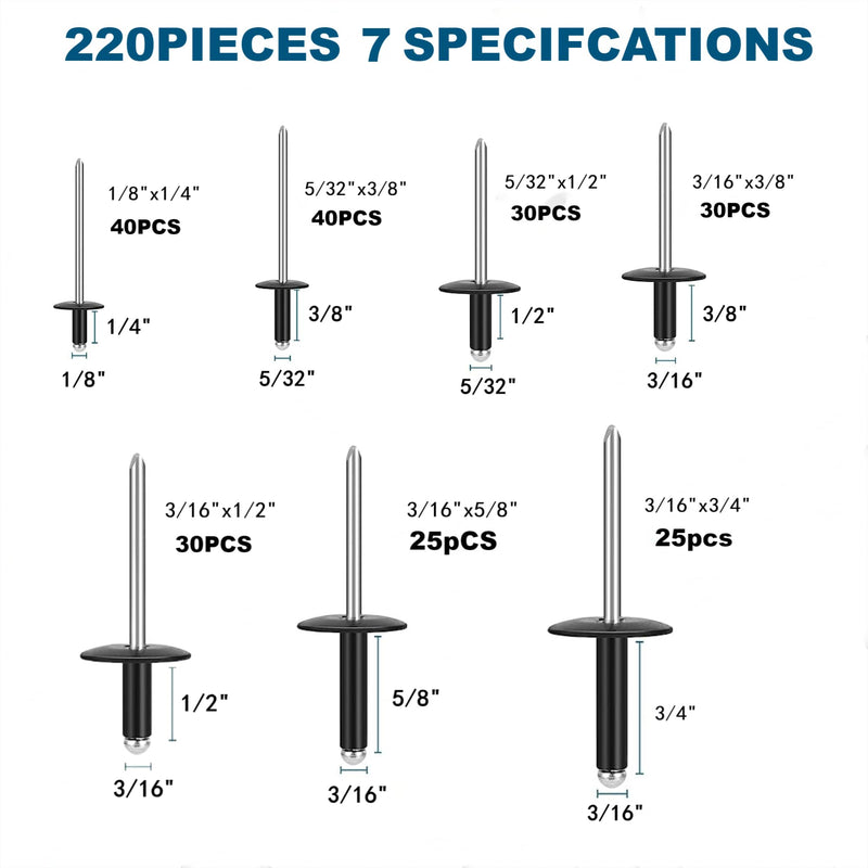 [Australia - AusPower] - 220PCS Large Flange Aluminum Blind Rivets?Black Rivets Pop Rivets Assortment Kit, 7 Sizes Aluminum Rivets (1/8" 5/32"3/16") Assorted Blind Rivets with Case 
