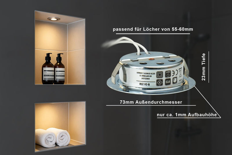 Set furniture recessed light | 12 volt AC G4 20 watt bulb included (dimmable) | drill hole: 55-58 mm - outer diameter: 68 mm - Installation depth: 19 mm | lamps can be replaced - also suitable for LEDs
