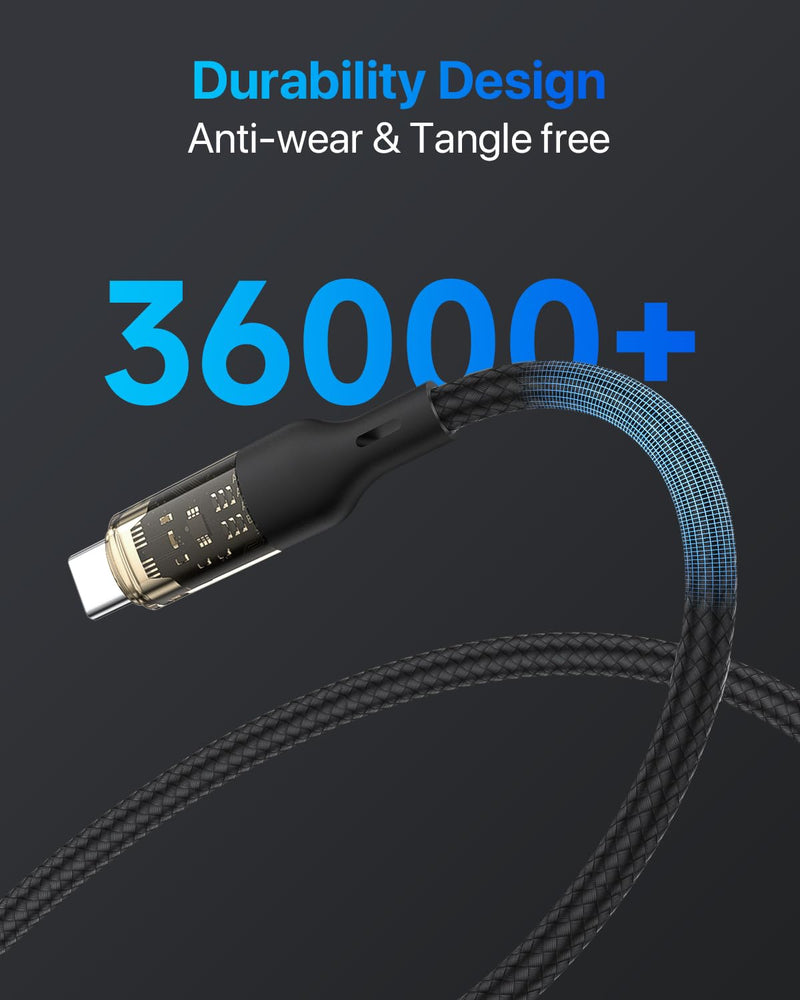 SOOPII 240W USB C to USB C Cable[10ft 2-Pack],Fast Charging USB C Cable with LED Display for MacBook Pro,lPhone16/15/15Pro/15ProMax,Galaxy S23+/S23Ultra/S22,etc,Transparent Shell,(Black) 10FT 2Pack Black