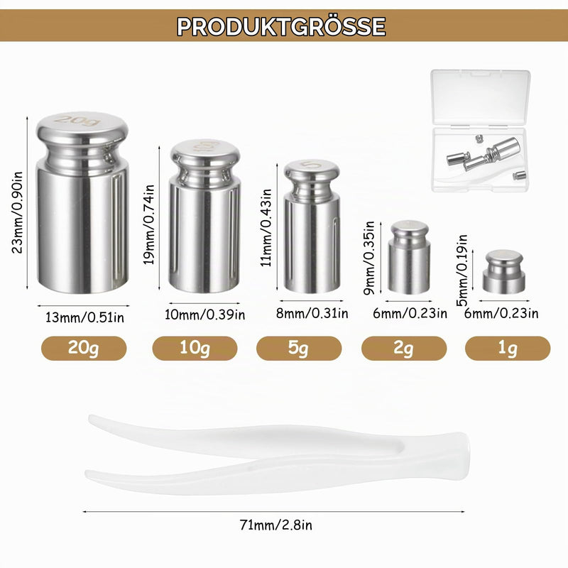 Set of 5 Calibration Weights 1g 2g 5g 10g 20g | Precision Metal Test Weights; Scales/Balances; Easy Adjustment; Includes Storage; Durable, Low Corrosion