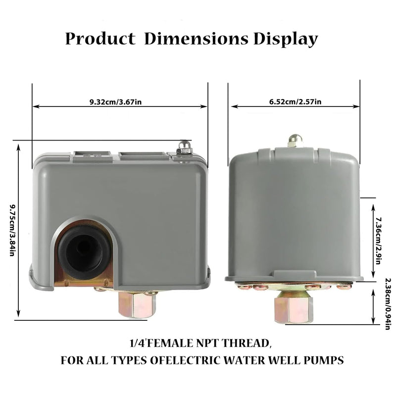 [Australia - AusPower] - YSD Pressure Switch for Well Pump, 40-60PSI, Adjustable Differential, 1/4" NPT, Automatic, Grey 