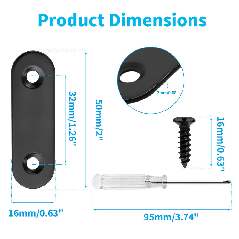 [Australia - AusPower] - 20 Sets 2" Stainless Steel Flat Plate Straight Bracket, Black Metal Corner Brace Brackets Mending Repair Plate Brace with Screws & Screwdriver for Wood(50mm x 16mm x 2mm) 50x16x2.0mm 