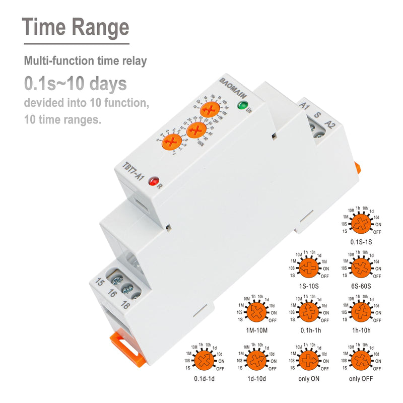 BAOMAIN Multifunction Timer Relay 12-240VAC/DC 16A 10 Functions 1 SPDT Time Relay for DIN Rail Mounting TBT7-A1