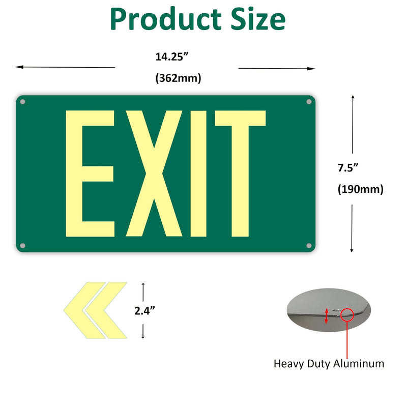 (2Pack) Photoluminescent Exit Sign, Glow In The Dark Aluminum Exit Sign Green - Adhesive Backing - 4pcs Removable Arrows Included - 14.25 x 7.5 Inches - Non Electrical Exit For 50 Feet Visibility Green - Exit