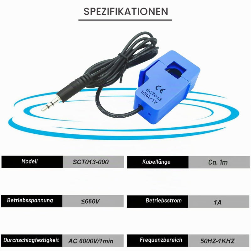 SCT-013-000 Non-invasive Sensor Split Core Current Transformer 100A/1V AC Current Sensor + ADC Module with Audio Socket Cable Male and Female for Arduino