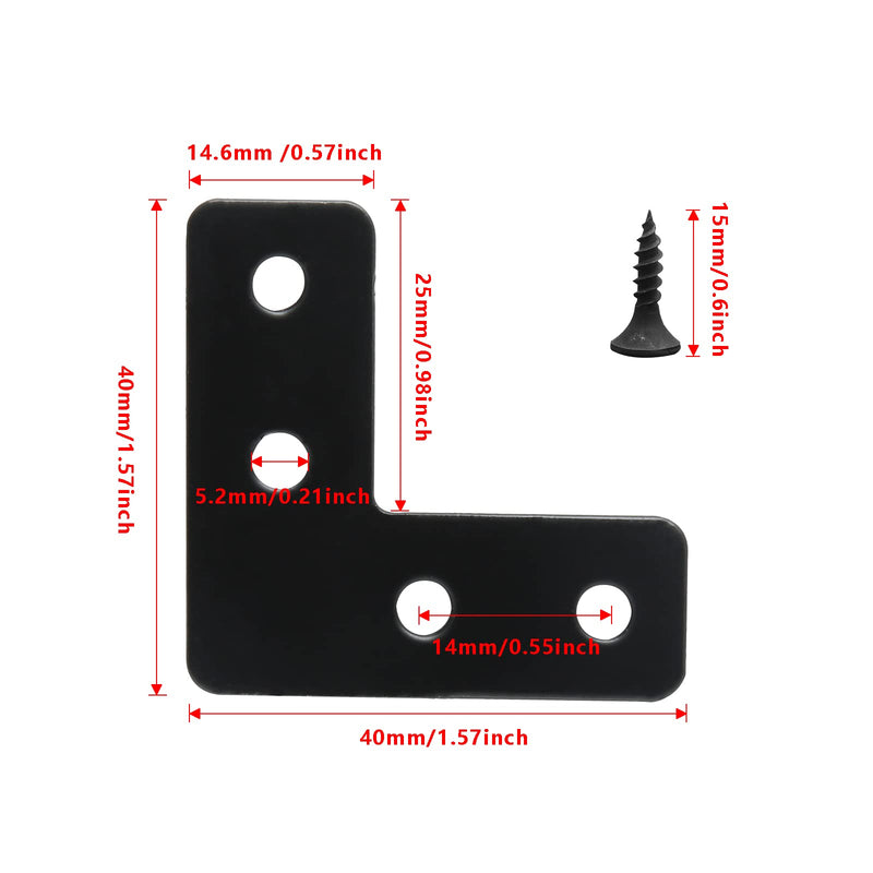 [Australia - AusPower] - Piutouyar Black Stainless Steel L Braces Flat Corner Braces 40mm x 40mm/1.57 x 1.57 Inch Angle Brackets Connector Fixing Repair Joint Bracket for Wood Furniture (20Pcs) 