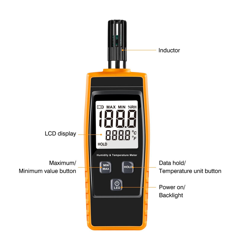 [Australia - AusPower] - Handheld Humidity Meter, Digital Hygrometer Thermometer 0~100% RH/ -30~60°C (-22~140°F) LCD Display Backlight Moisture Tester Gauge for Outdoor, Home, Industry, Agriculture HVAC - Battery Included 