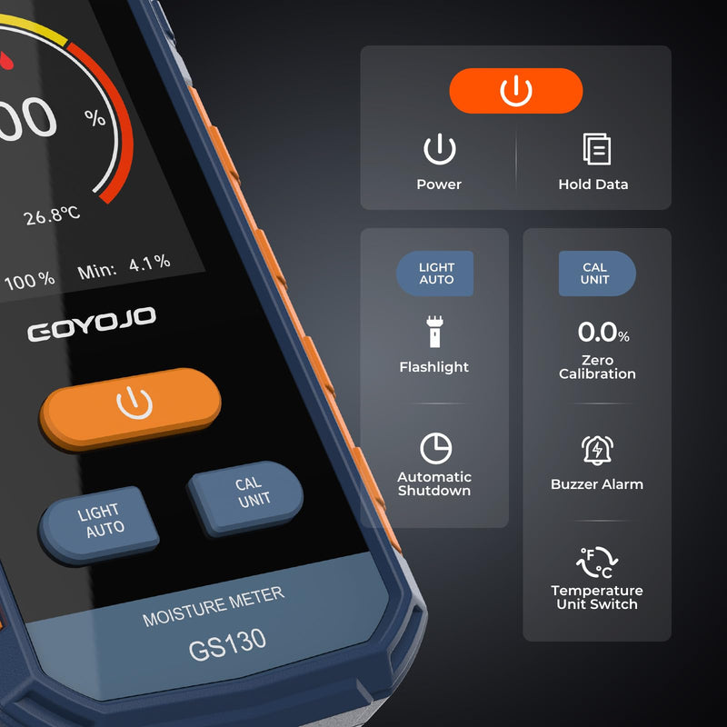 [Australia - AusPower] - Pinless Wood Moisture Meter for Walls & Drywall | Digital Moisture Detector, Concrete Moisture Meter & Firewood Reader | GS130 USB-C Rechargeable Humidity Tester 