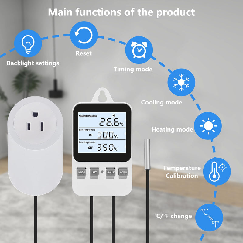 [Australia - AusPower] - Temperature Controller Heating Cooling Mode Digital Thermostat 120V 15A Plug in Thermostat Controlled Outlet for Reptile Greenhouses Seedling Mat Incubation Terrarium 