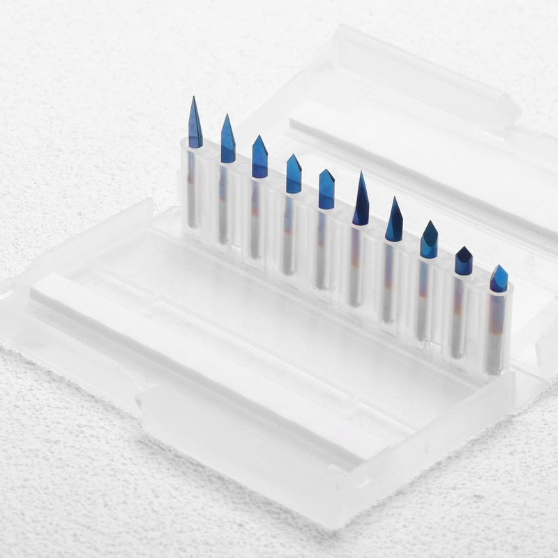 Genmitsu 10pcs CNC Router Bit Set with 1/8" Shank Flat V Bit:20/30/45/60/90 Degree Triangle V Bit:20/30/45/60/90 Degree 0.1mm Tip Nano Blue Tapered Coating 20/30/45/60/90 degrees, 0.1mm tip