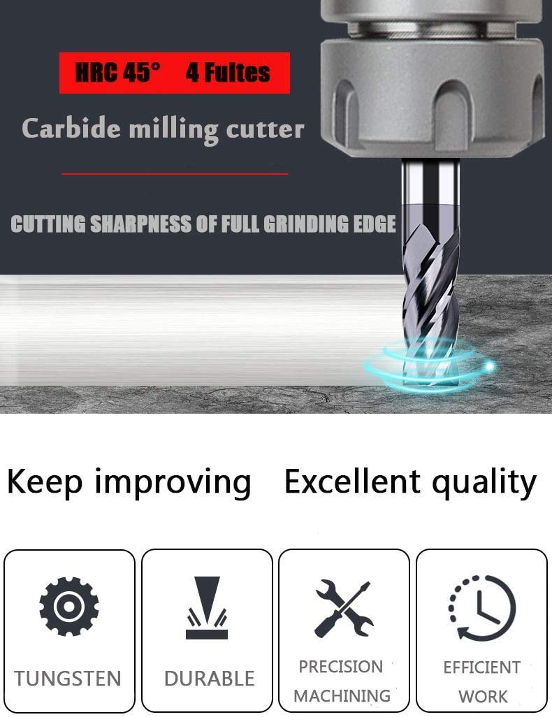 [Australia - AusPower] - 6pcs 1/2 inch 3/8 inch 5/16 inch 1/4 inch 3/16 inch 1/8 inch Carbide Square End Mill, HRC 45 Deg Single End 4 Flute AlTiN Coating Mill Bits (6pcs End Mill Set), Silver 